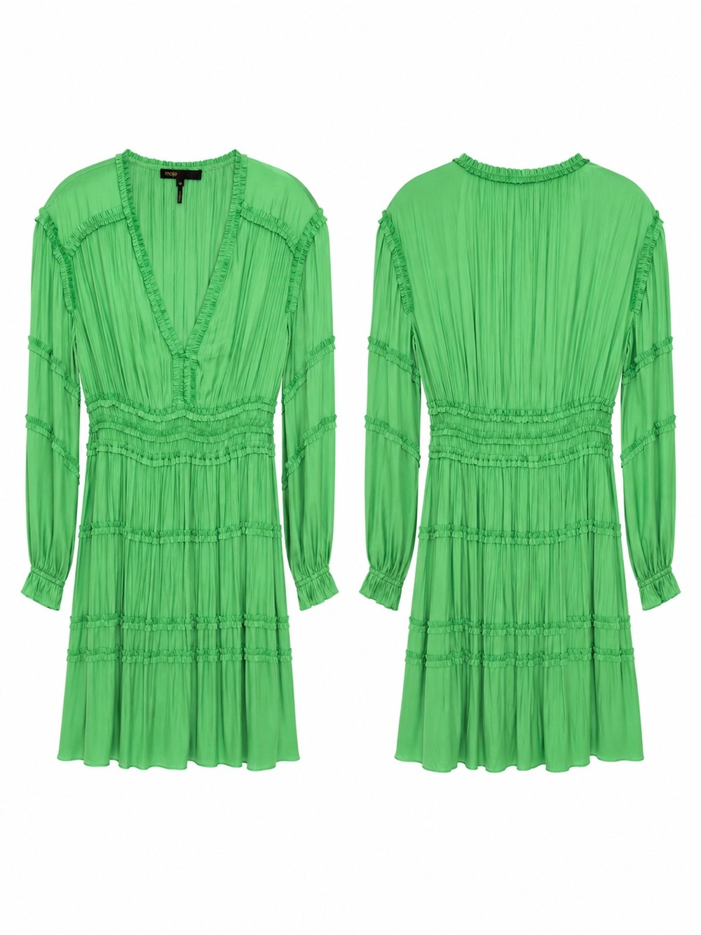 Maje Bright Green Pleated V-Neck Dress